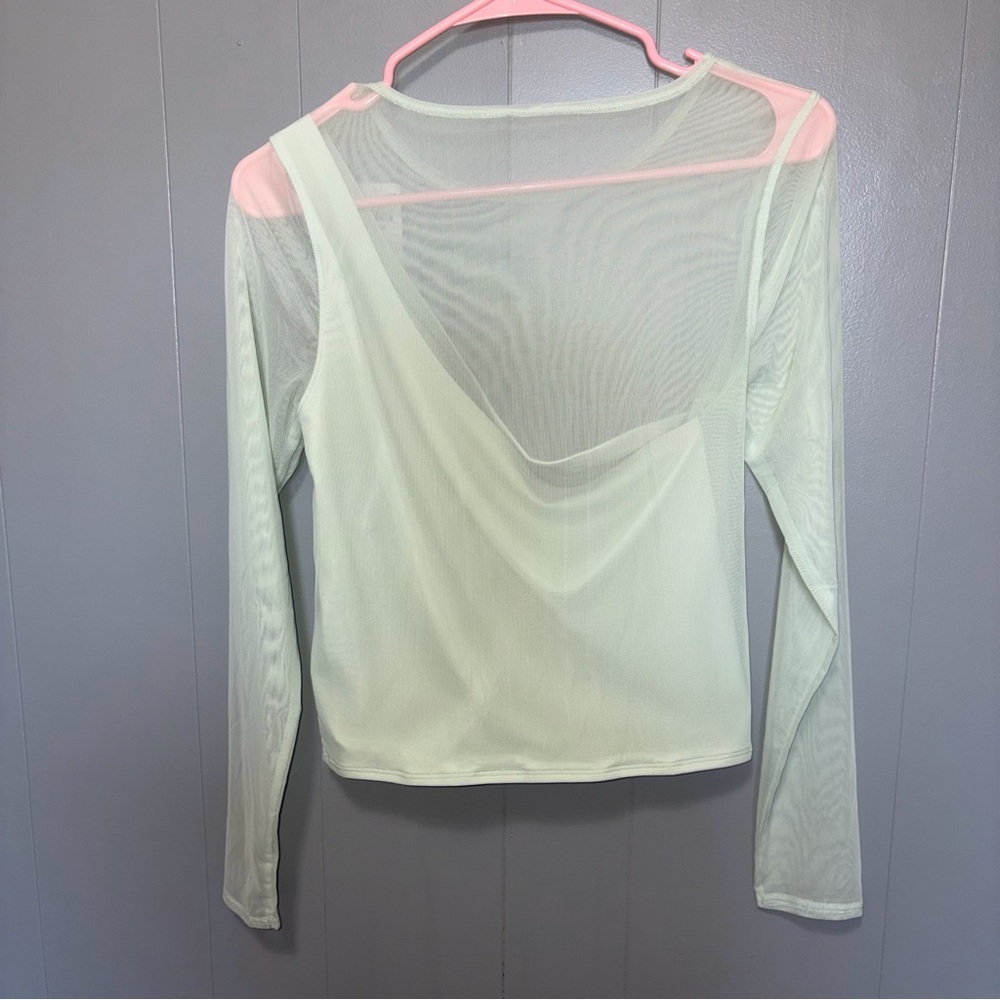 Abercrombie & Fitch Asymmetrical Long Sleeve Mesh Light Green Top Medium - Picture 7 of 7